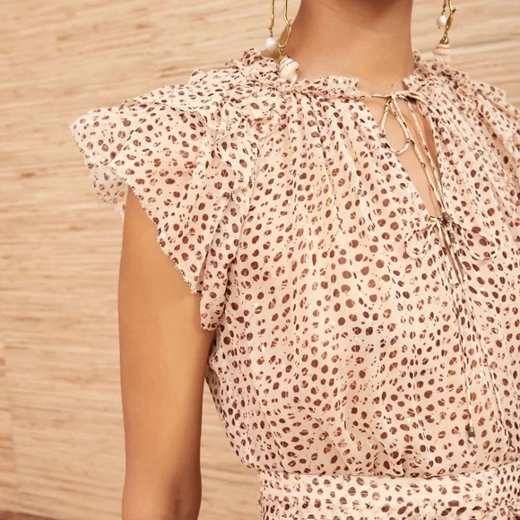 Ulla Johnson Marilyn Silk Chiffon Leopard Ikat Dot Ruffled Cap Sleeve Blouse - Picture 2 of 15
